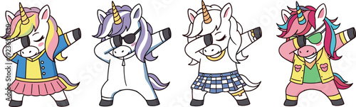 Cute Dabbing Unicorn Characters Set with Colorful Hair and Trendy Outfits for Kids T Shirt Prints, Stickers and Fun Fantasy Designs