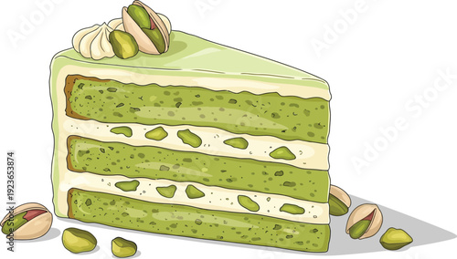 A slice of green cake with white frosting and pistachios on top and around it