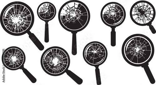 Magnifying glasses with cracked glass illustrations in black and white