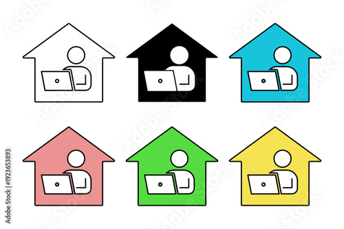 様々な配色が施された自宅でパソコン作業をする人物のアイコンセット