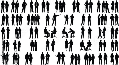 Collection of business people silhouettes in groups and interactions, men and women discussing, meeting and negotiating, professional corporate illustration isolated on white background