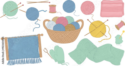 Knitting and crochet supplies collection with yarn balls and needles vector illustration isolated background
