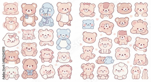Cute pastel teddy bears and animal stickers in various poses