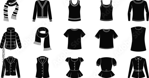 Clothing silhouette icon set, fashion tops, outerwear, scarf, cardigan, tank top, t-shirt, blouse, vest, dress, jacket, shirt, vector illustration, apparel design,
