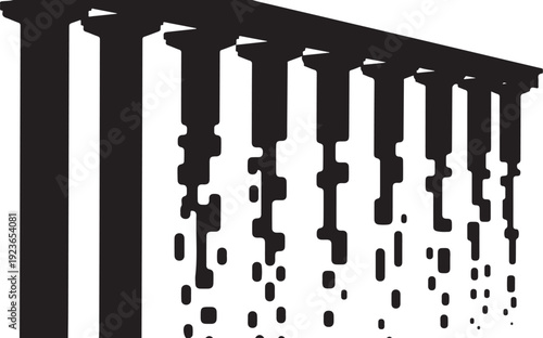 Black and white illustration of columns with falling pixels
