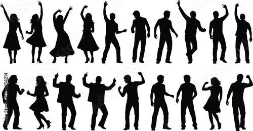 Collection of dancing people silhouettes in energetic party poses, men and women celebrating with raised hands isolated on white background