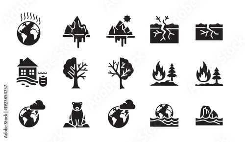 Environmental icons depicting climate change and global warming effects
