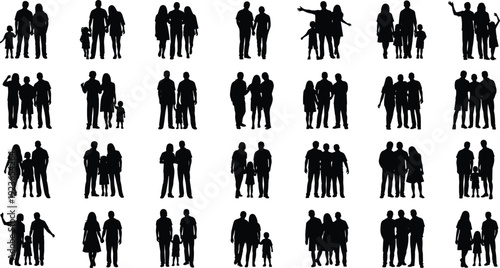 Collection of family and couple silhouettes standing together, parents with children, bonding moments and relationships, lifestyle illustration isolated on white background