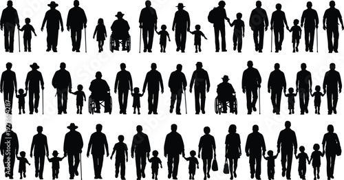 Collection of family silhouettes across generations, adults, children and elderly walking together, parents holding hands, inclusive lifestyle illustration isolated on white background