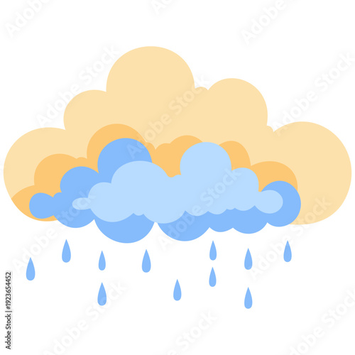 Yellow and blue rain cloud with droplets ideal for colorful weather illustrations, mixed precipitation graphics, cheerful sky designs, and vibrant atmospheric elements with flat style.