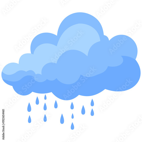 Blue rain cloud with falling droplets perfect for weather forecasts, precipitation graphics, shower illustrations, calm atmospheric elements, and clean flat design style.