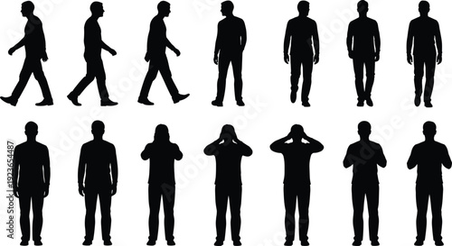 Collection of male walking and standing silhouettes in different views and gestures, casual human figures isolated on white background