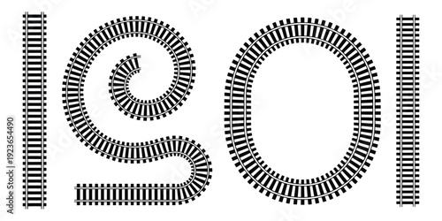 Detailed Illustration of Curved and Straight Railway Tracks in Monochrome Style, High-Contrast Rail Infrastructure Drawing for Transportation, Industrial Design, Engineering Concepts, and Urban Planni