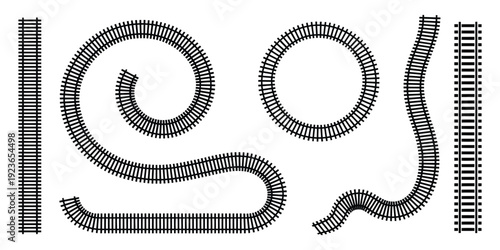 Detailed Illustration of Curved and Straight Railway Tracks in Monochrome Style, High-Contrast Rail Infrastructure Drawing for Transportation, Industrial Design, Engineering Concepts, and Urban Planni