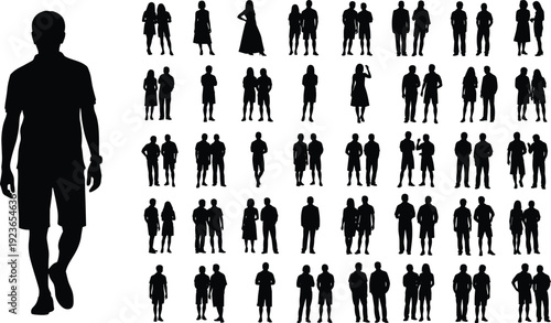 Collection of people and couple silhouettes standing together, men and women social groups in different poses, lifestyle illustration isolated on white background