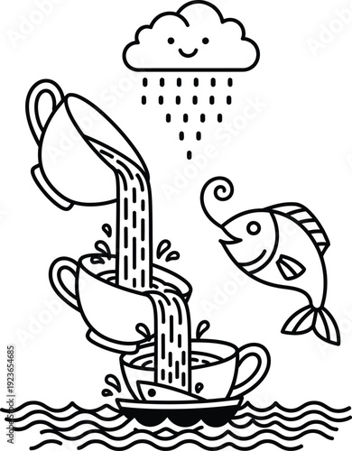 Teacup illustration featuring a surreal scene with a raining cloud and jumping fish. Surrreal and playful fun