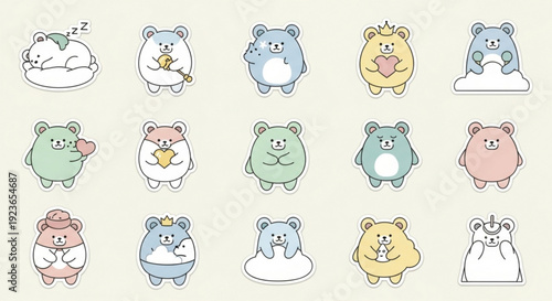 Cute bear stickers in various colors and emotions on white