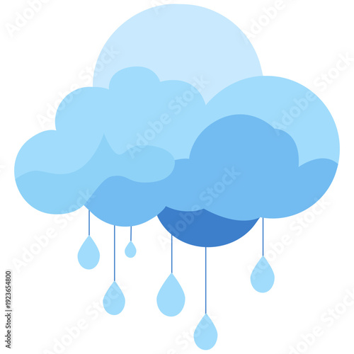 Large blue rain cloud with multiple droplets perfect for heavy rain illustrations, stormy weather graphics, precipitation designs, and dramatic atmospheric elements with flat style.