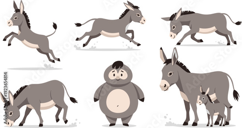 Donkey Farm Animal Cartoon Character Poses Collection with Running Standing Grazing and Cute Foal Rural Livestock Flat Vector Illustration Set Police Stop