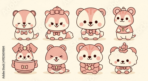 Adorable cartoon bears and dogs in various cute outfits and poses