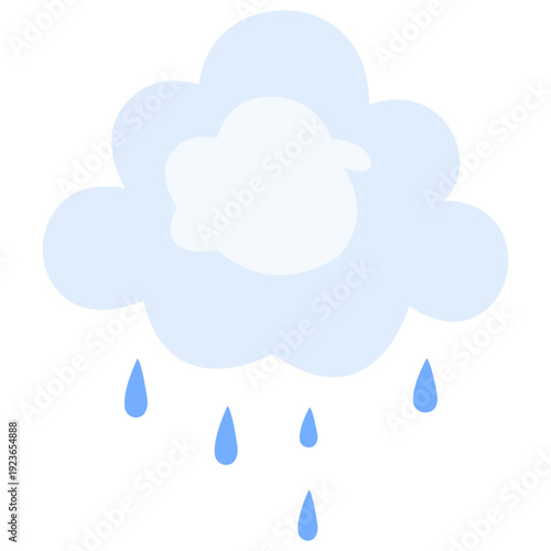 Periwinkle rain cloud with blue droplets ideal for gentle weather graphics, soft precipitation designs, calm sky illustrations, and soothing atmospheric elements with flat style.