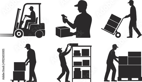 Warehouse logistics worker icons set, forklift barcode scanning box handling shelving pallet stacking inventory management vector black silhouette design illustration