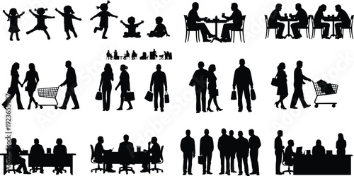 Collection of people silhouettes in daily life scenes, children playing, shopping, dining and business meetings, lifestyle and social activity illustration isolated on white background