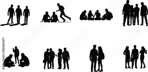 Collection of people silhouettes interacting in small groups, friends talking, sitting and walking together, social lifestyle and teamwork illustration isolated on white background