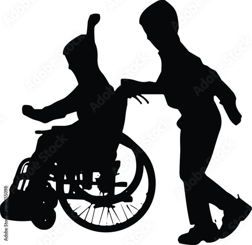 Wheelchair assistance caregiver support icons, disability mobility aid silhouette vector illustration, healthcare accessibility design black white community helping representation