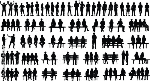 Collection of people silhouettes standing and sitting on benches, men and women socializing, urban lifestyle illustration isolated on white background