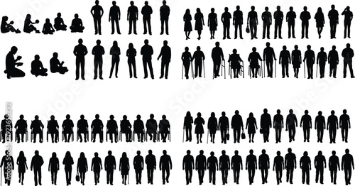 Collection of people silhouettes showing different ages and abilities, standing, walking, sitting and wheelchair figures, human diversity illustration isolated on white background