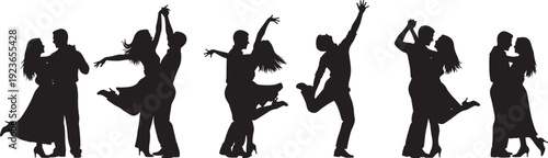 Silhouettes of dancing couples performing diverse ballroom and Latin dance moves, highlighting expressive body language, elegance, rhythm, passion, and artistic black silhouette illustration on 