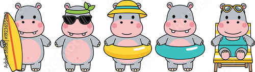 Cute hippo summer vacation collection with surfboard float and sunglasses vector illustration isolated background