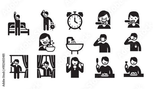 Morning routine icons set with people waking up and getting ready