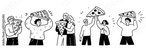 Cute hand drawn doodle people enjoying oversized pizza slices fun cartoon illustration set