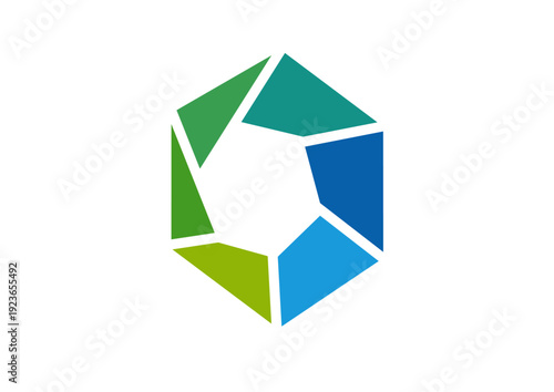 Abstract Geometric Hexagon Logo With Blue And Green Triangular Segments For Business Branding