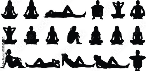 Collection of people sitting and lying silhouettes in relaxed yoga and meditation poses, calm men and women body positions isolated on white background