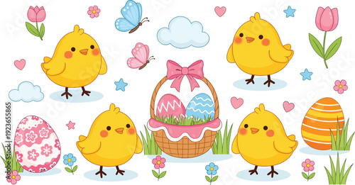 Cute Easter chicks with decorated eggs and basket vector illustration isolated background