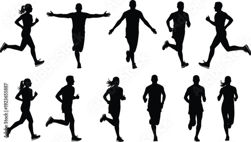 Black silhouette set of athletic people running and sprinting, diverse male and female runner collection isolated on white background.