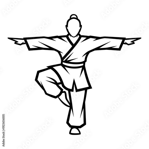 Martial artist performing a balancing pose in a traditional uniform, minimalist black and white line art illustration