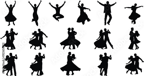 Black silhouette set of dancing couples and solo dancers, diverse ballroom and social dance poses isolated on white background collection,