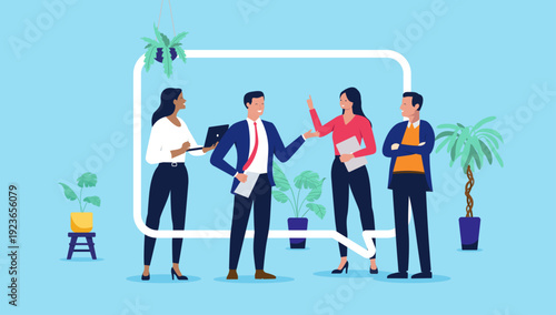 Diverse group of four business professionals having a productive discussion and sharing ideas inside a large white speech bubble frame, flat design vector illustration