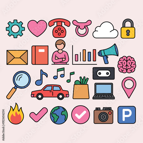 Assortment of flat design icons on a pink background, illustrating diverse themes such as business, technology, communication, and personal life elements.