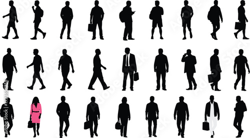 Collection of people walking silhouettes with bags and backpacks, casual and business men and women figures isolated on white background
