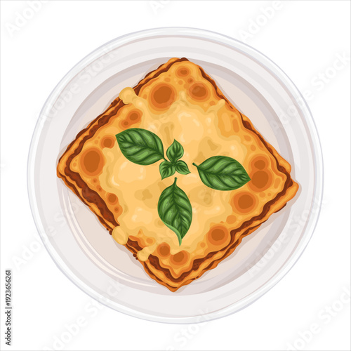 Lasagna top view vector hand drawn illustration. Italian food with cheese and meat for mediterranean cafe menu and template. Isolated meal with basil leaf drawing design perfect for delivery graphic.