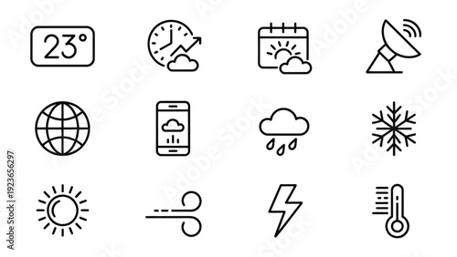 Set of minimalist line art icons representing various weather phenomena and forecasting tools, such as temperature, calendar, satellite, and atmospheric conditions.