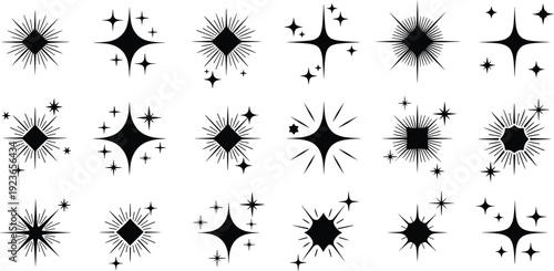 Collection of sparkle and starburst silhouettes, abstract shining stars and light effects, decorative design elements and magic symbols illustration isolated on white background