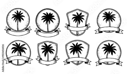Vintage Engraved Palm Tree Badge Vector Set for Logo Emblem and Identity Design