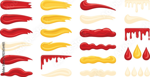 Ketchup Mustard and Mayonnaise Sauce Smear Collection with Dripping Condiment Splashes and Creamy Food Topping Elements Flat Vector Set Police Stop