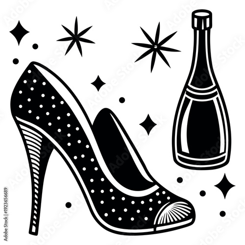 Black and White Illustration of High Heeled Shoe with Polka Dots and Champagne Bottle with Sparkling Stars on white background